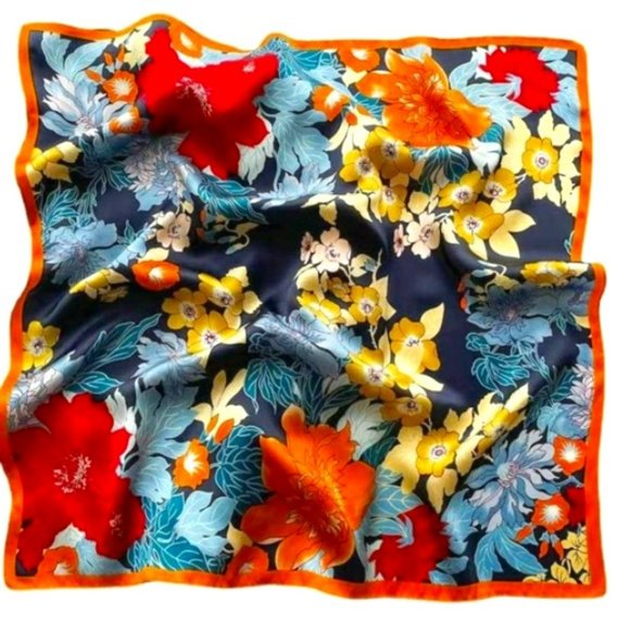Faux Silk Scarf (Satin scarf w/floral print in bandana size 27 X 27 inches) - Picture 1 of 2